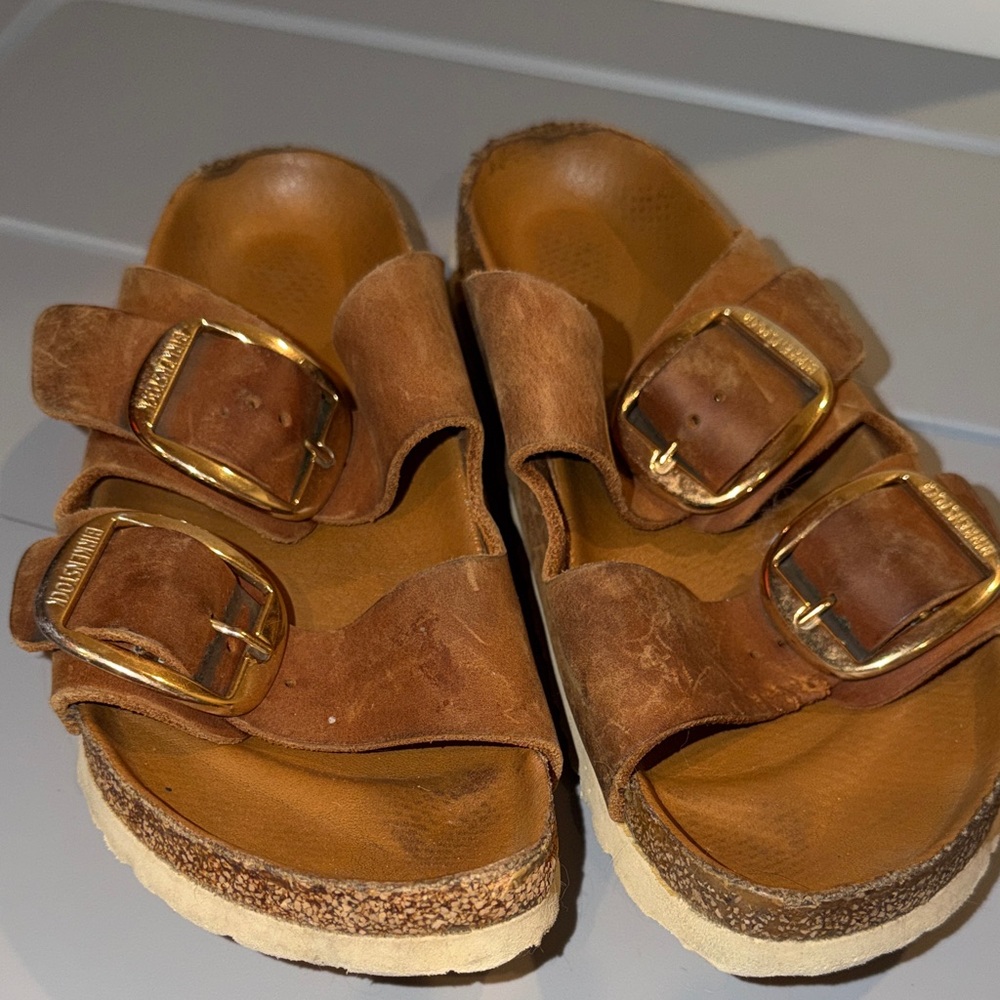 Birkenstock Brown Sandals with Gold Buckles